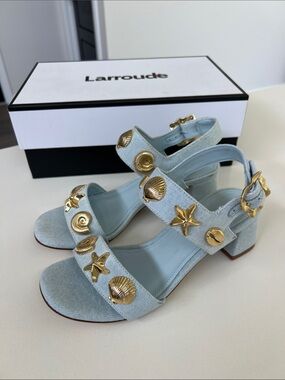 Larroude madison block light blue denim maya heels open toe sandals gold 6